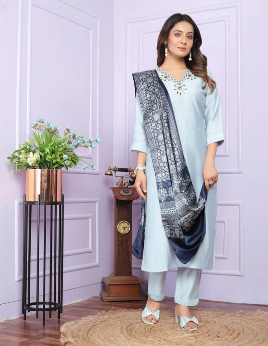 Casual Wear Round Neck Sky Color Kurti Set With Silk Dupatta