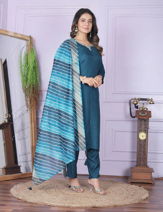 Attractive Teal Blue Salwar Suit With Leheriya Dupatta