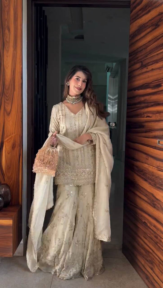 Trendy Cream Georgette Sequence Work Sharara Suit
