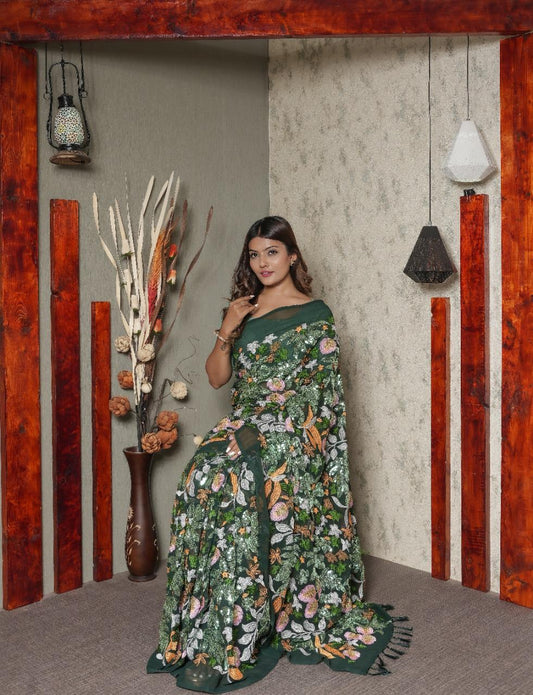 Heavy Multi-embroidered Sequence Work Green Color Saree