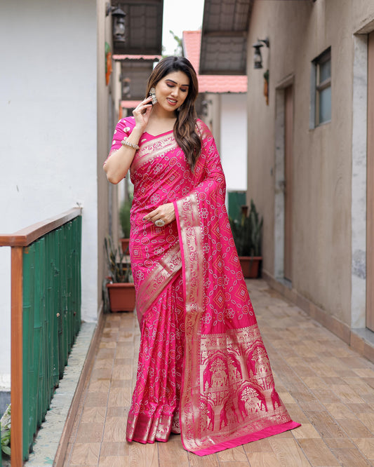 Preferable Pink Color Dola Silk Block Print Design Saree