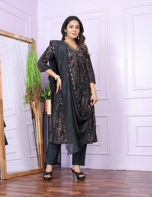 Occasion wear Modal Silk Black Color Kurti Set