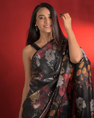 Bollywood Style Black Color Digital Printed Georgette Saree