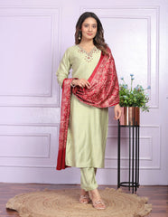 Beautiful Pista Color Soft Silk Straight Kurti Set With Silk Dupatta