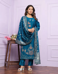 Stylish Rama Russian Silk Salwar Suit With Banarasi Dupatta