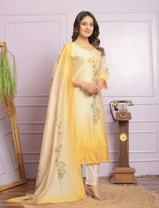 Exclusive Yellow Silk Hand Work With Printed Kurti Pair