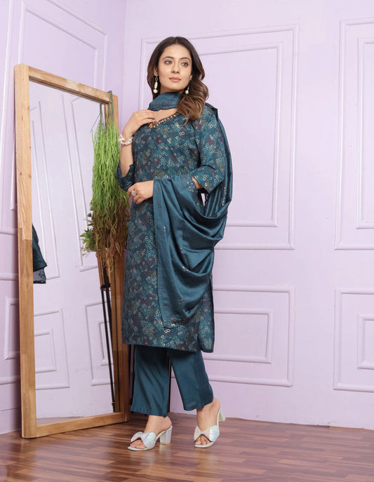 Fashionable Print Teal Blue Color Salwar Suit