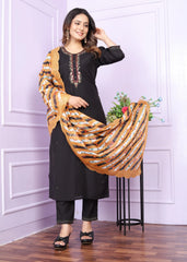 Good Looking Black Color Kurti Set With Mustard Leheriya Dupatta