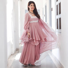 Peach Color Embroidery Work Georgette Plazzo Suit