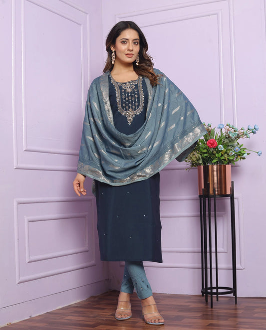 Stylish Catching Blue Color Salwar Suit Jacquard Dupatta