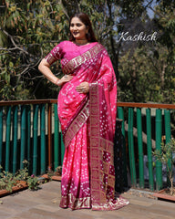 Ceremony Wear Bandhej Silk Saree Pink Color Saree