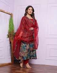 Lovely Rama Multi Print With Red V Neck Round Kurti Set