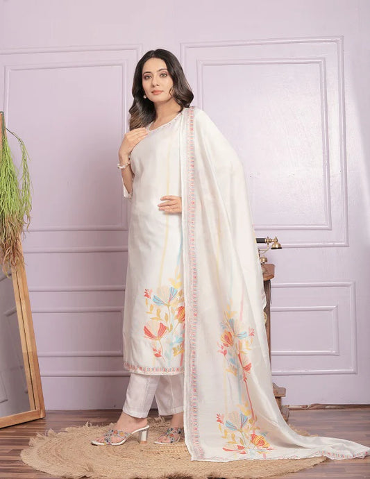 Attractive White Silk Hand Work With Printed Kurti Set