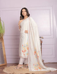 Attractive White Silk Hand Work With Printed Kurti Set