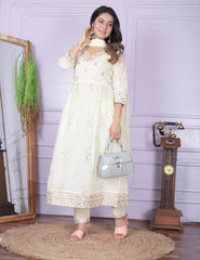 Lovely Embroidery Work Off White Color Nayra Cut Kurti Pair