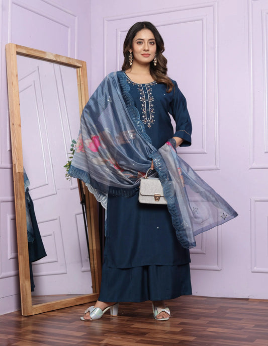 Amazing Roman Silk Navy Blue Palazzo Suit