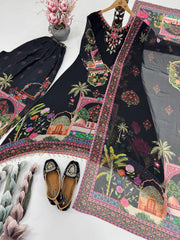 Digital Print Black Color Mirror Work Palazzo Suit