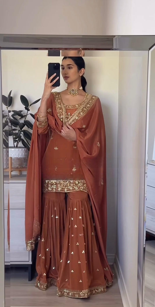 Heavy Work Brown Color Unique Sharara Suit