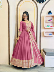 Designer Sequence Work Long Pink Gown WIth Dupatta