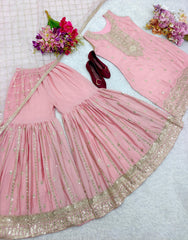 Elegant Sequence Work Light Pink Color Palazzo With Dupatta Set