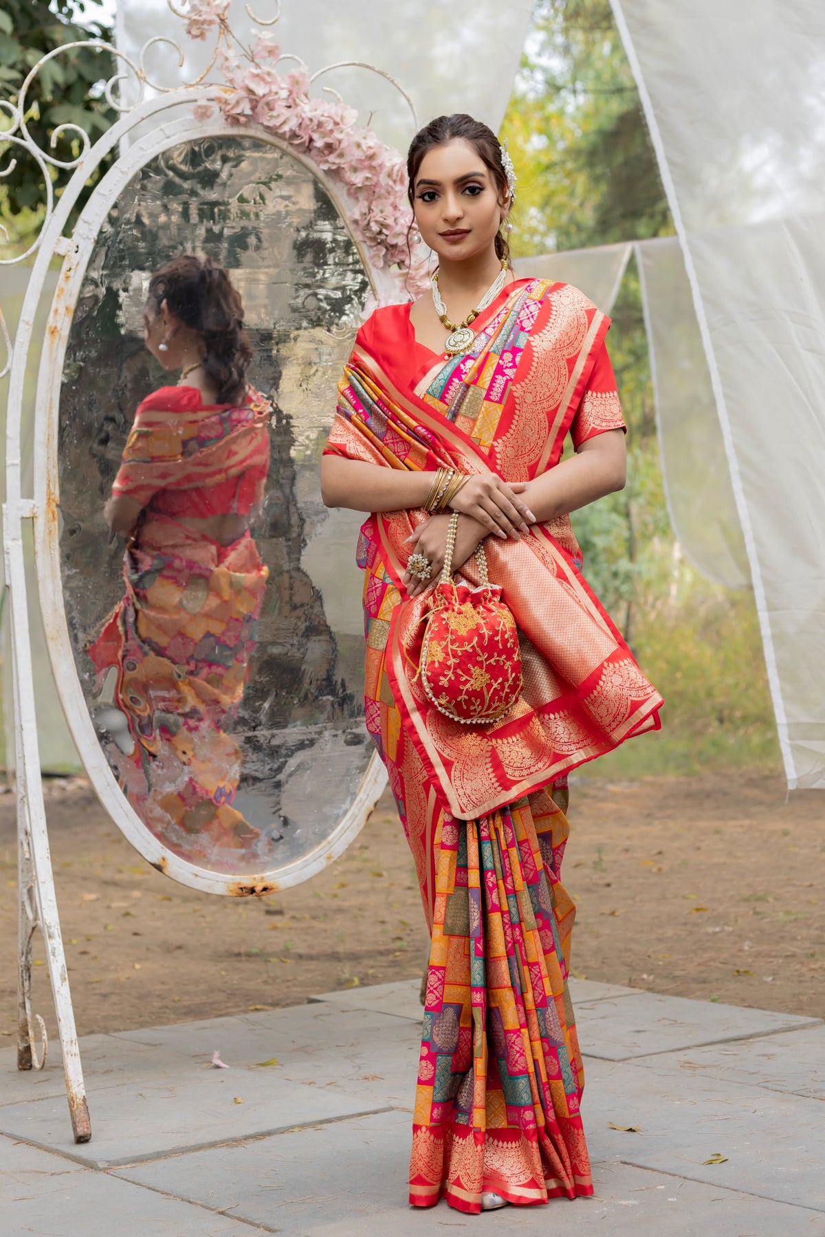 Decent Benarasi Silk Red Multi Color Saree