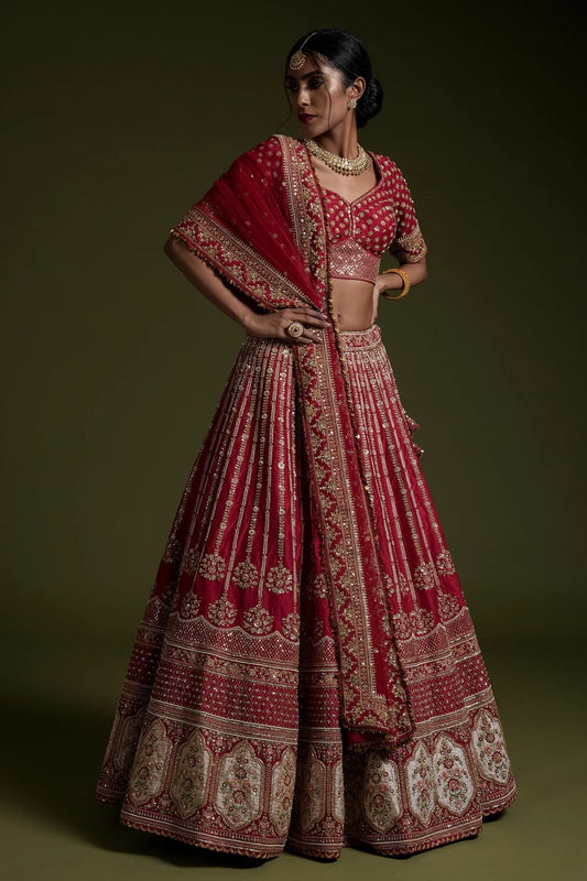 Red Color Bridal Wear Dori With Thread Work Lehenga Choli
