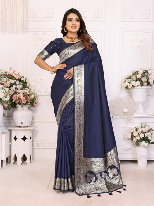 Preferable Banarasi Silk Navy Blue Color Saree