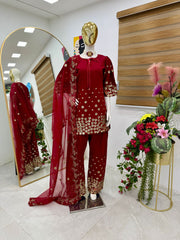 Red Color Sequence Work Palazzo Suit