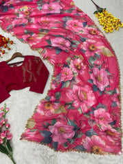 Gorgeous Flower Print With Work Pink Color Saree