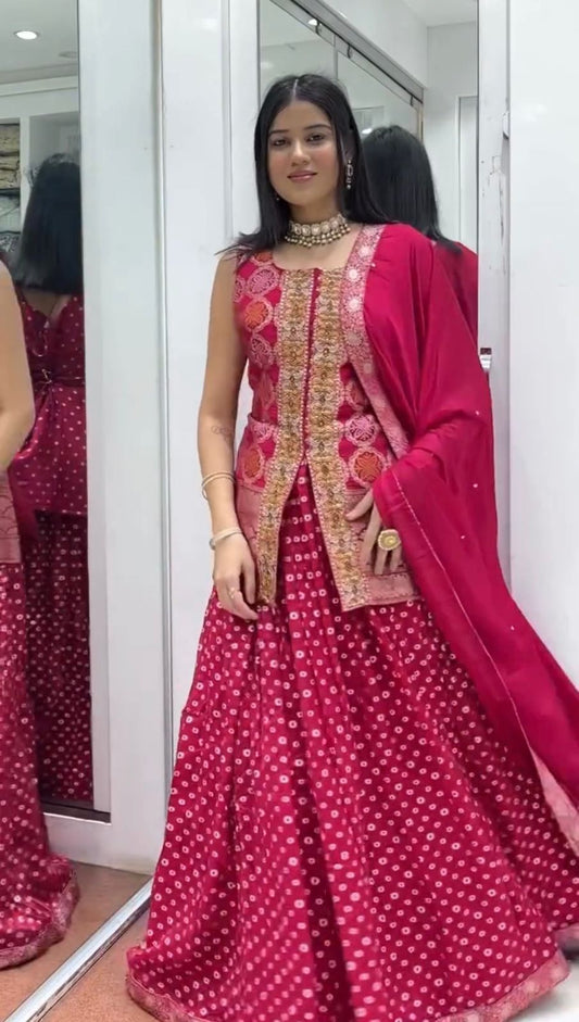 Innovative Red Chinon Embroidery Work Lehenga Choli