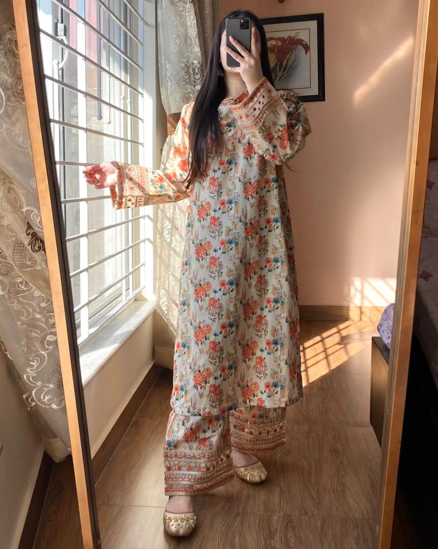 Beige Color Flower Printed Co-ords Set