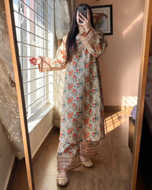 Beige Color Flower Printed Co-ords Set