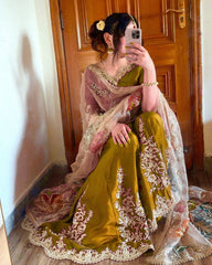 Stunning Chinon Embroidery Work Mustard Color Sharara Suit