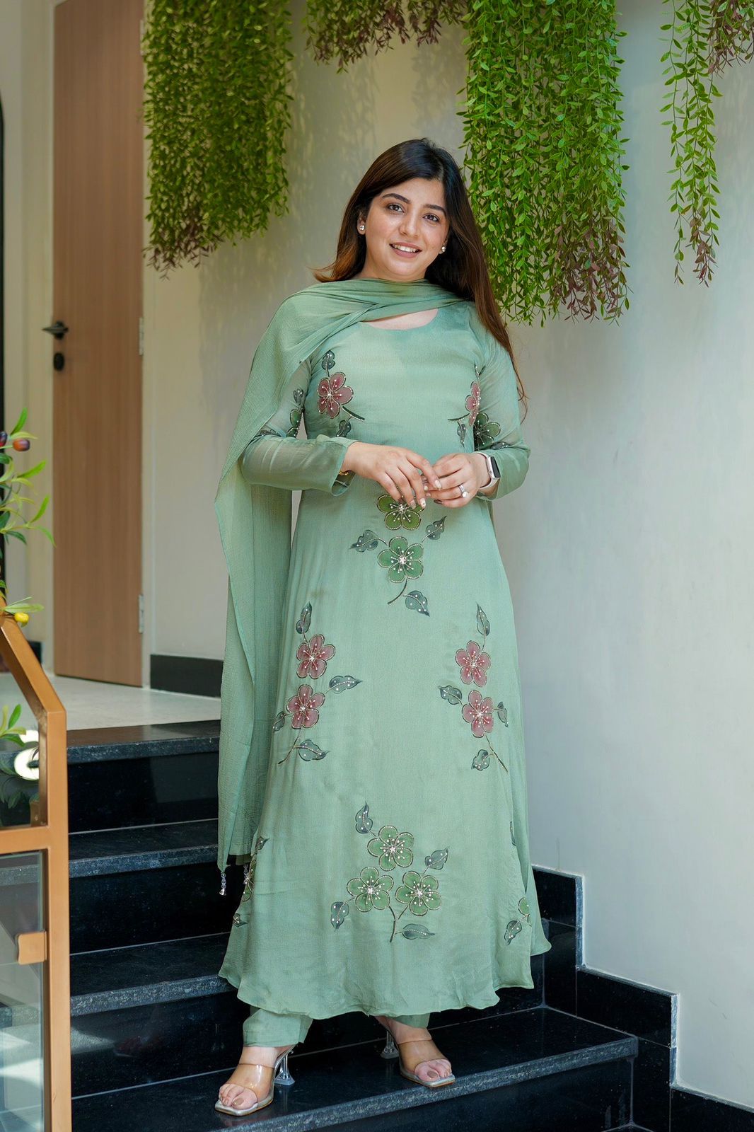 Exotic Green Color Digital Printed Anarkali Suit