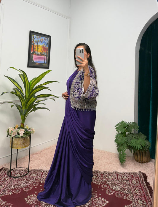 Preferable Purple Color Chinon Silk Ready to Wear Saree