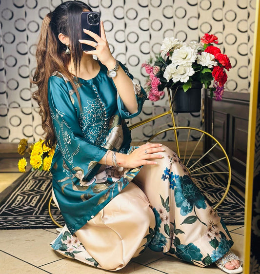 Flower Print Teal Blue Color Palazzo Suit