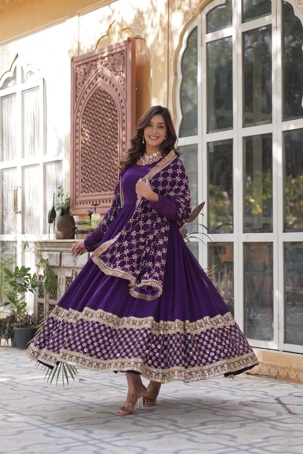 Adorable Embroidery Sequins Work Purple Color Gown