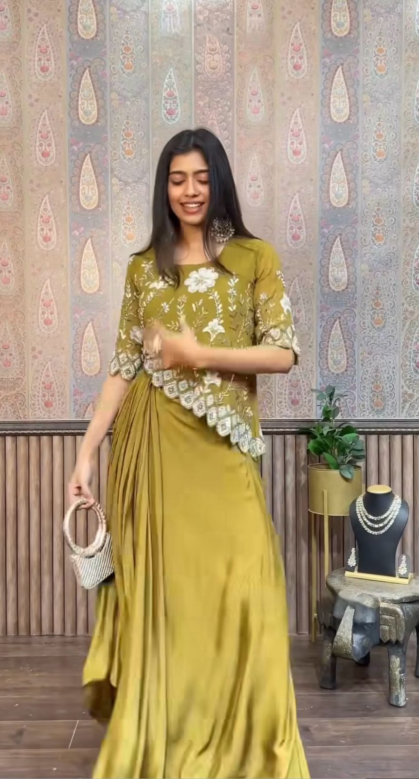 Designer Mehndi Color Work Top With Skirt