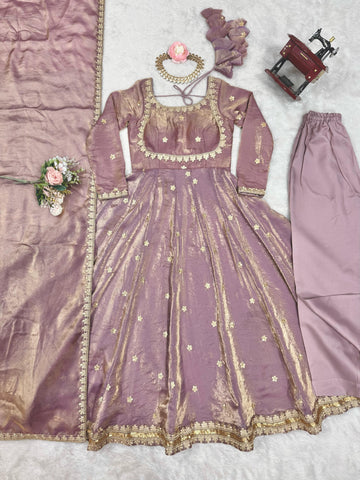 Shining Sequence Work Pink Color Silk Gown