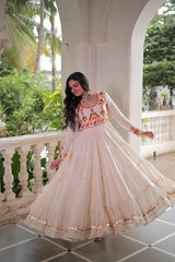 Ravishing White Cotton Embroidered Gown For Navratri