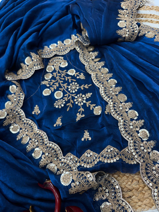 Beautiful Silk Embroidery Work Navy Blue Color Saree