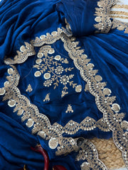 Beautiful Silk Embroidery Work Navy Blue Color Saree