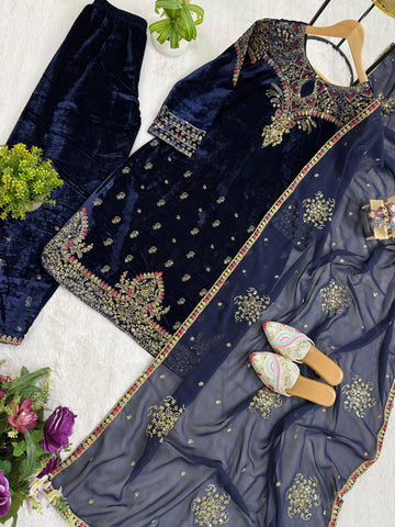 Amazing Navy Blue Velvet Embroidery Work Kurti Set