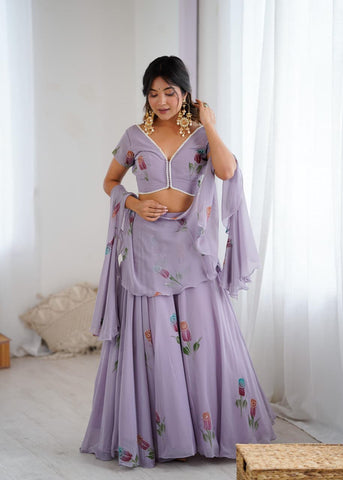 Lovely Lavender Georgette Hand Painted Lehenga