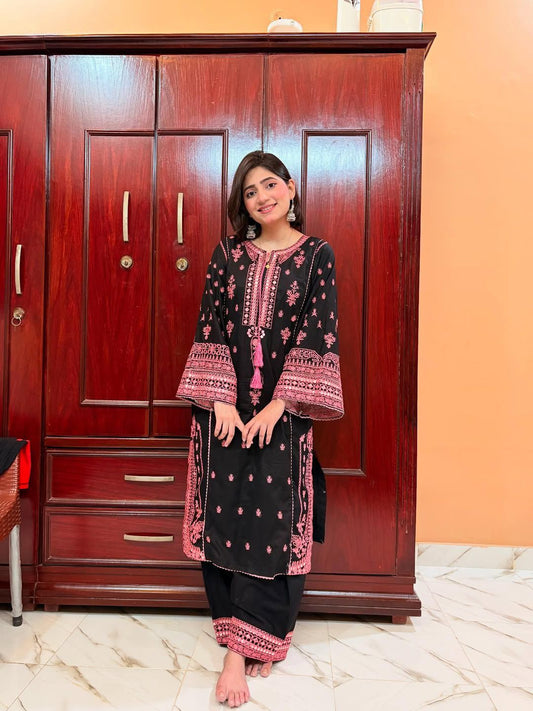 Stylish Black Color Roman Silk Embroidery Work Palazzo Suit