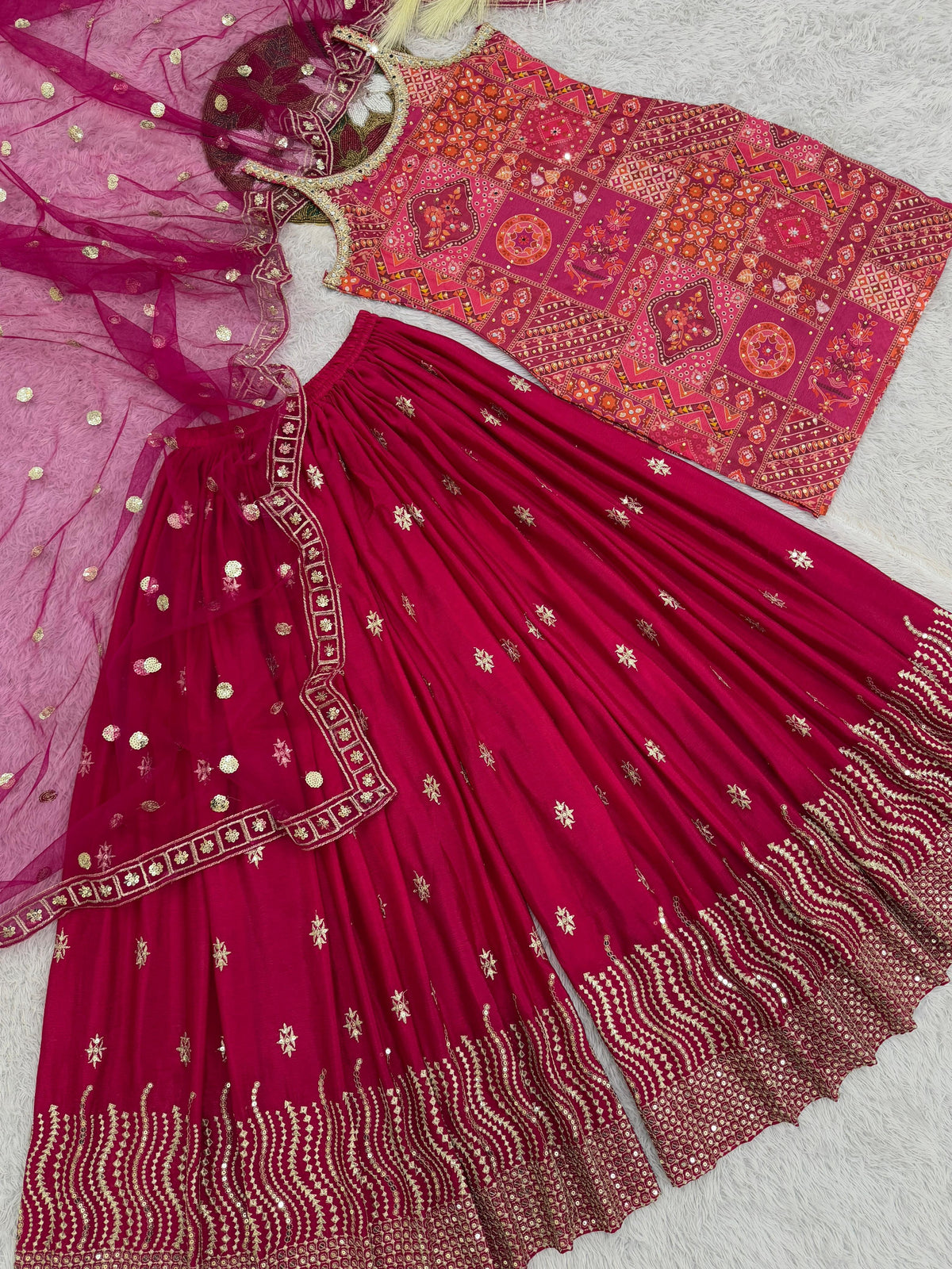Gorgeous Pink Chinon Silk Sequence Work Sharara Suit