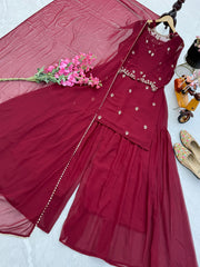 Round Neck Maroon Color Stylish Palazzo Suit