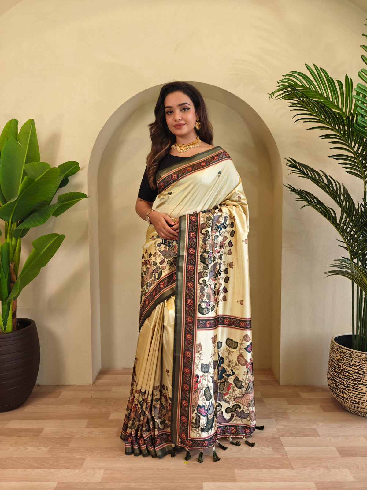 Blissful Digital Print Cream Saree