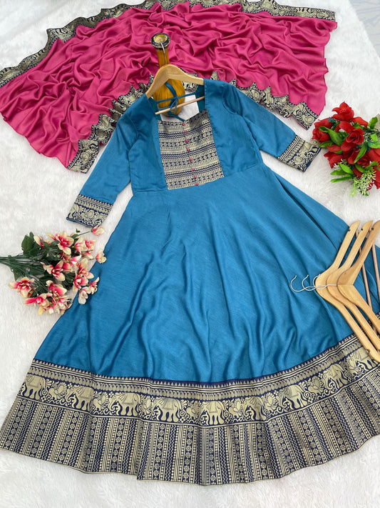 Blissful Vichitra Silk Sky Blue Color Gown