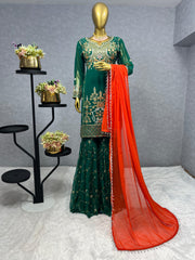 Designer Sequence Work Green Color Sharara With Orange Dupatta